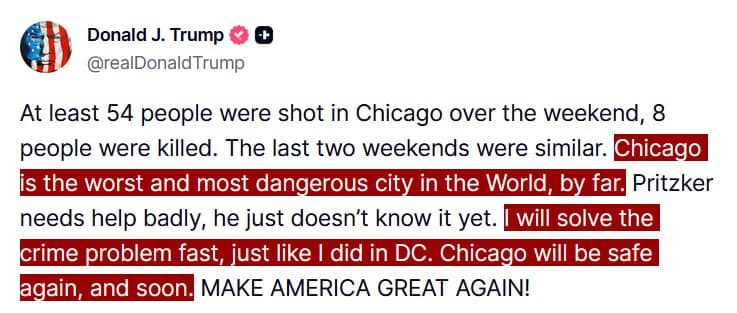 Trump Declares Chicago 'Most Dangerous City,' Vows Swift Crime Solutions