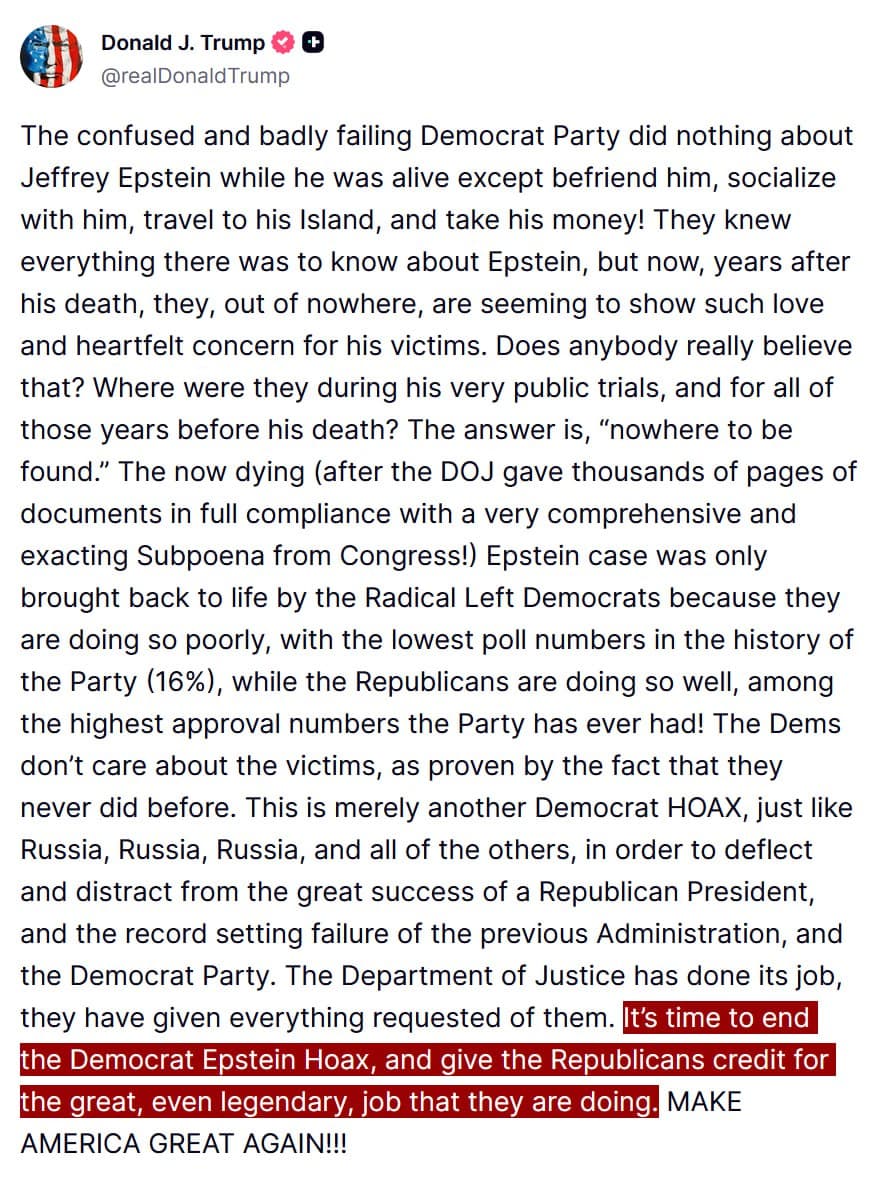 Trump Calls for End to "Democrat Epstein Hoax," Praises GOP Efforts