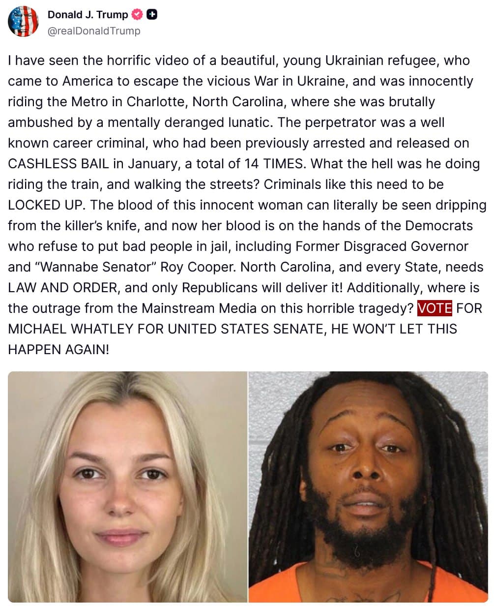 Trump Calls for Votes After Iryna Zarutska's Violent Attack