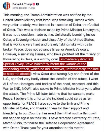 Trump Revises Statement: Witkoff’s Qatar Warning Came Too Late