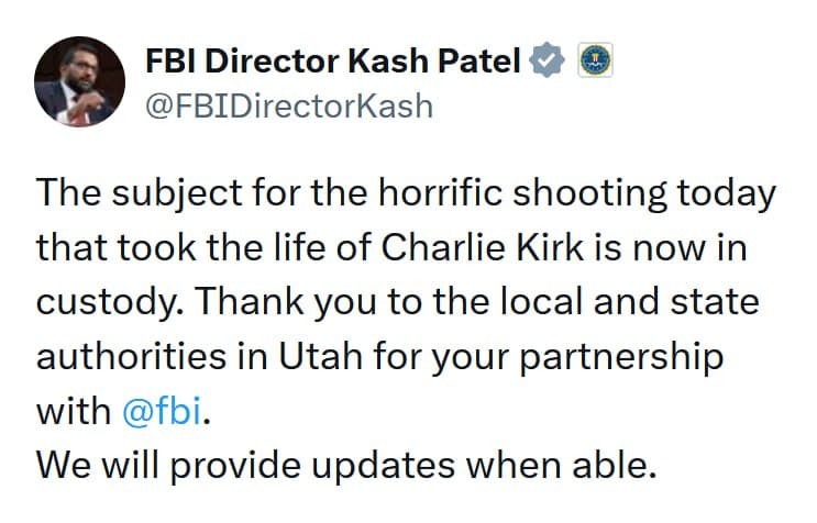 FBI Arrests Suspect in Charlie Kirk Assassination Case