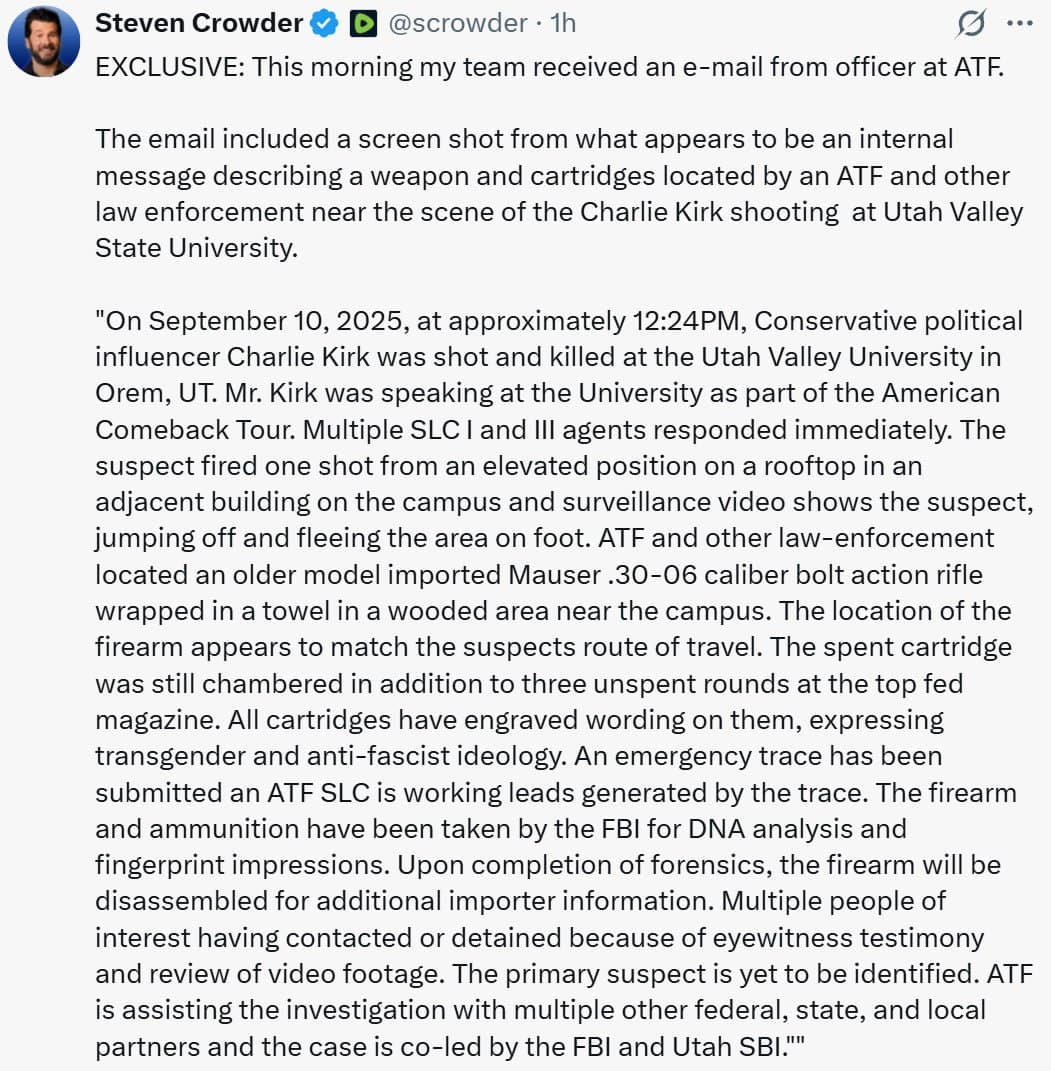 ATF Memo Reveals Cartridges Linked to Transgender Ideology in Kirk Case