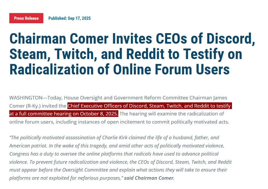 CEOs of Discord, Steam, Twitch, and Reddit to testify before Congress