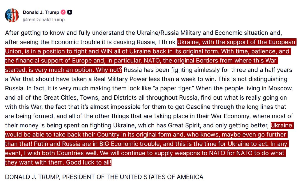 Trump: Ukraine can fight and win back its territory with EU support