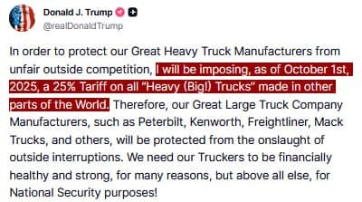Trump announces 25% tariff on all heavy trucks from October 1, 2025