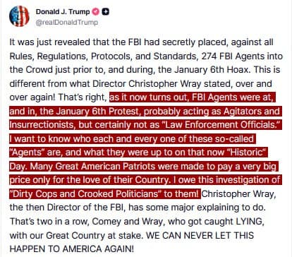 Trump claims 274 FBI agents acted as agitators on January 6th