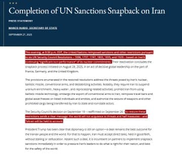 U.S. State Department announces completion of UN sanctions snapback on Iran