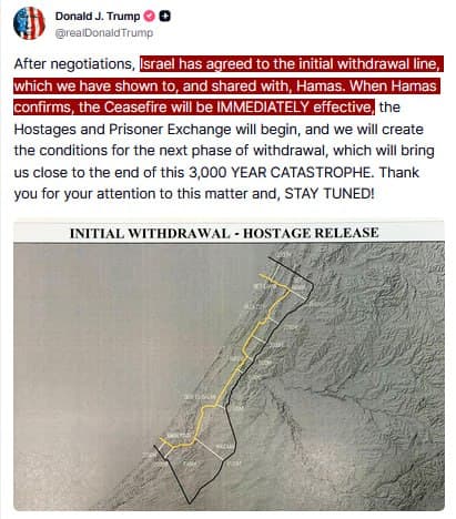 Trump: Israel agrees to initial withdrawal line, ceasefire pending Hamas confirmation