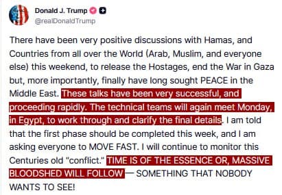 Trump says discussions with Hamas positive, teams to meet in Egypt Monday