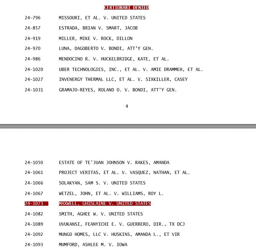 Supreme Court rejects Ghislaine Maxwell’s appeal of criminal conviction