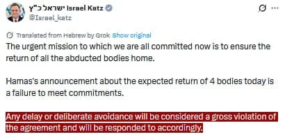 Israel's defense minister Katz responds to Hamas returning 4 of 28 dead hostages