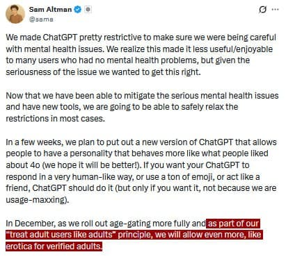 OpenAI's Sam Altman announces ChatGPT will allow erotica for verified adults in December