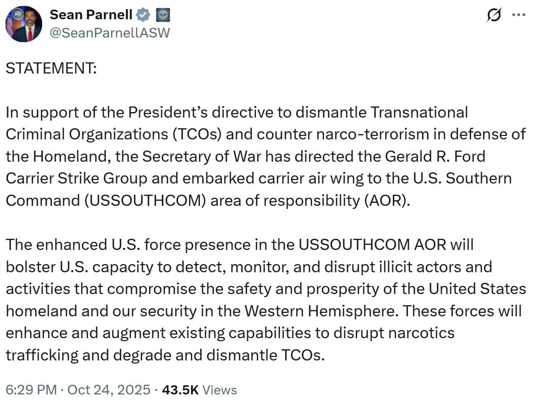 Gerald R. Ford Carrier Strike Group ordered to deploy to U.S. Southern Command