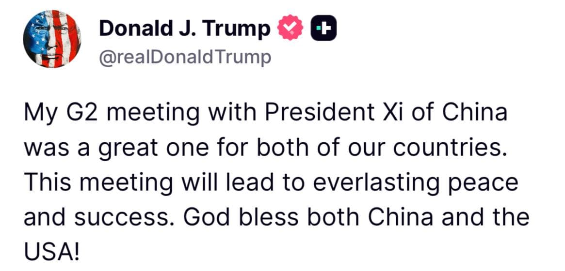 Trump calls meeting with Xi a 'great one' for peace and success