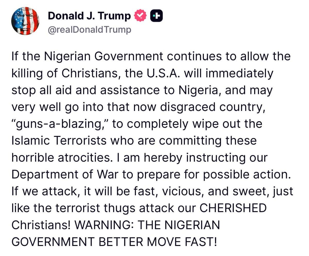 Trump threatens to 'wipe out' Islamic terrorists in Nigeria over killings