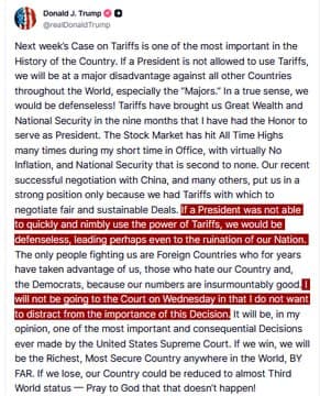 Trump will not attend Wednesday's court case about Tariffs