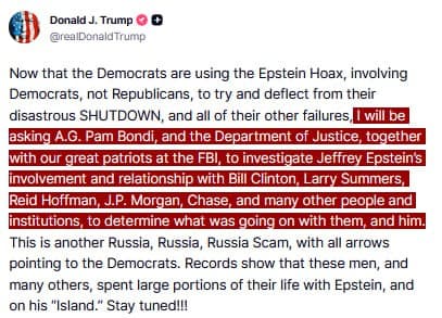 Trump requests DOJ and FBI to investigate Epstein's connections to Clinton and others