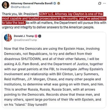 Attorney General Pam Bondi assigns Jay Clayton to investigate Epstein's connections