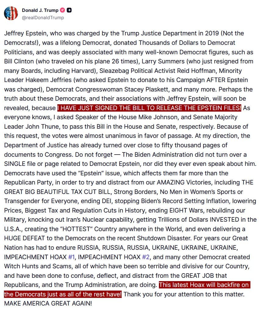 Trump signs bill to release the Epstein Files