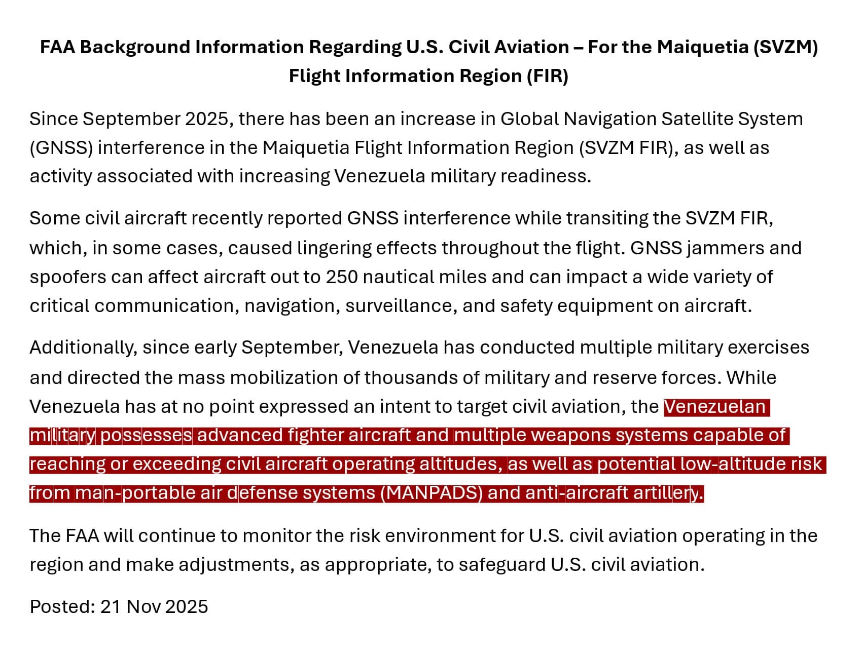 U.S. FAA issues warning to civilian airlines in Venezuelan airspace