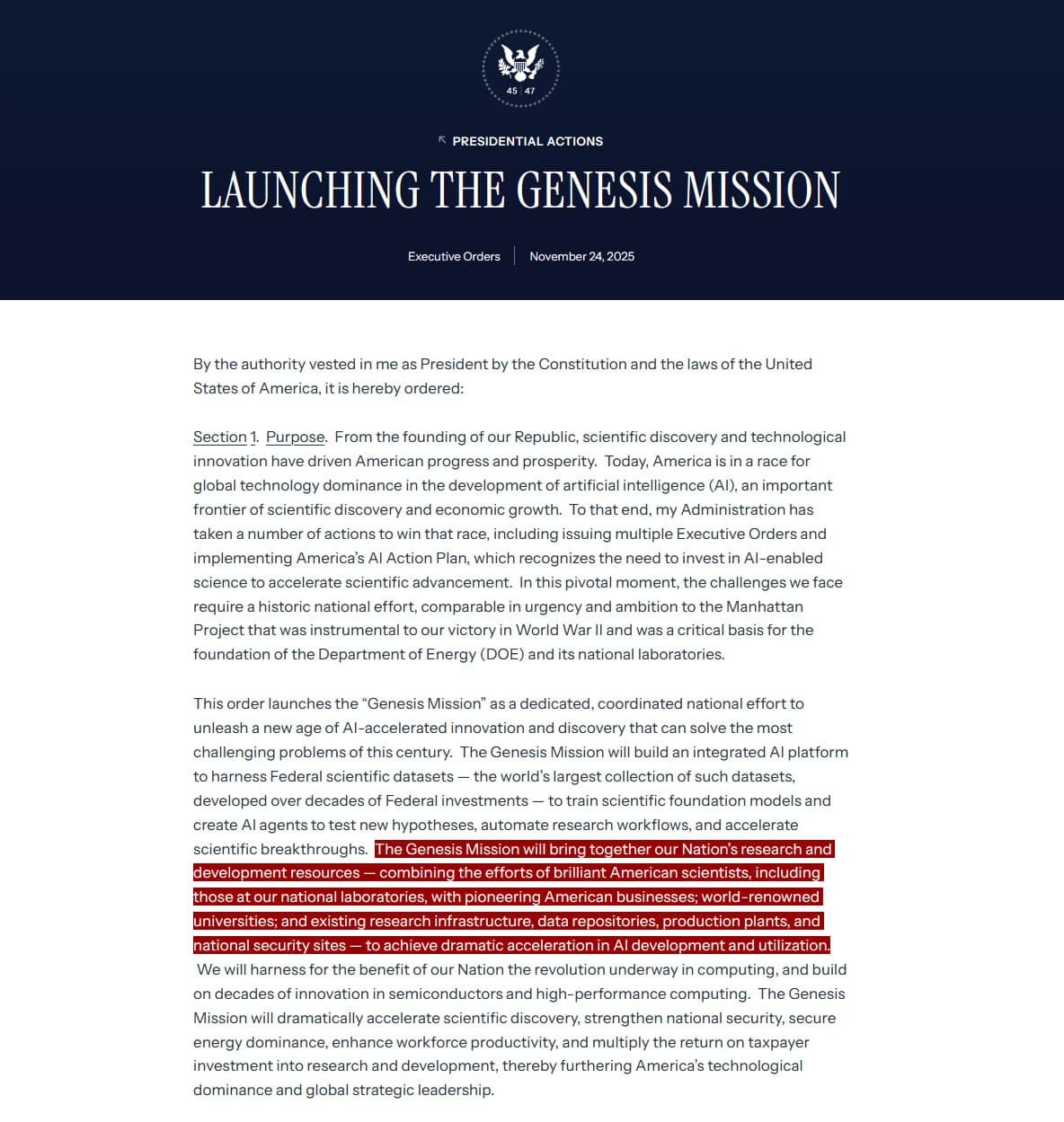 Trump signs executive order for 'Genesis Mission' AI platform