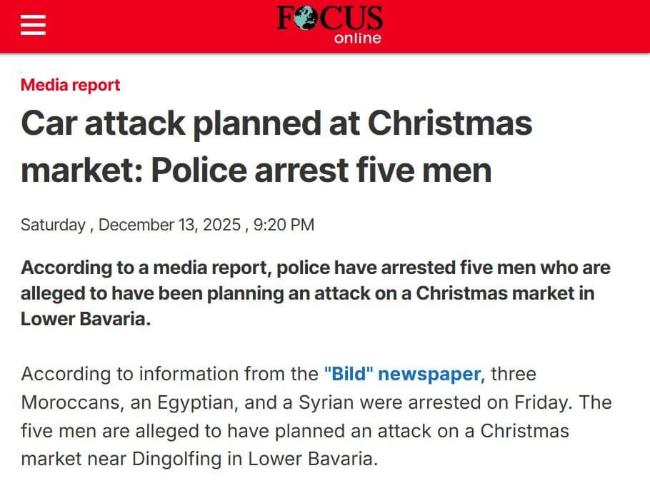 Islamist terrorist attack on German Christmas market foiled; five arrested