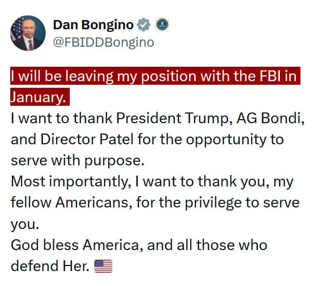 Deputy FBI Director Dan Bongino announces resignation effective January