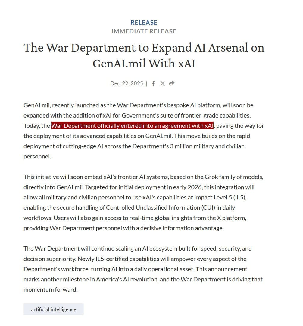 U.S. Pentagon signs agreement with xAI for AI deployment