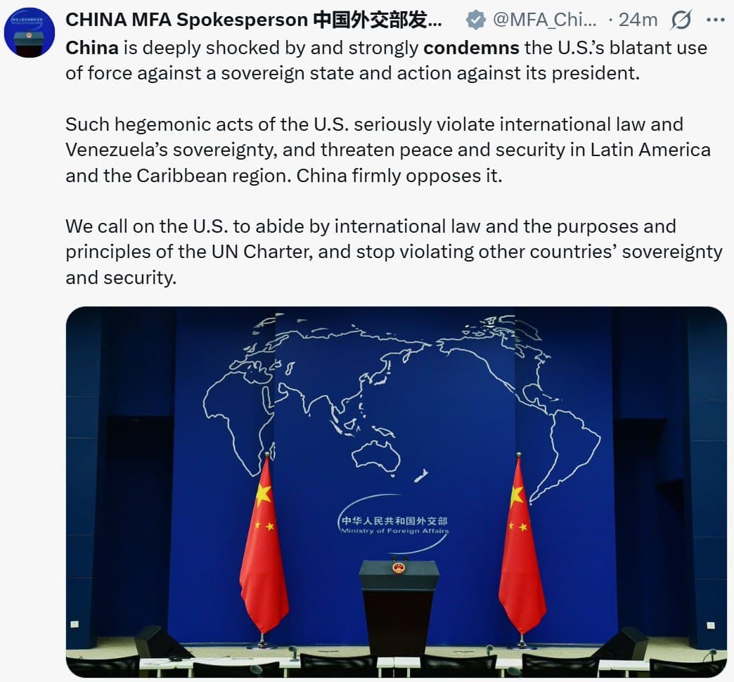 China strongly condemns U.S. military attack on Venezuela and its president