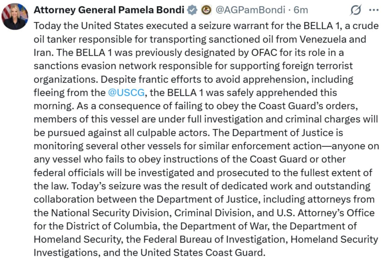 United States executes warrant to seize Russian-flagged tanker