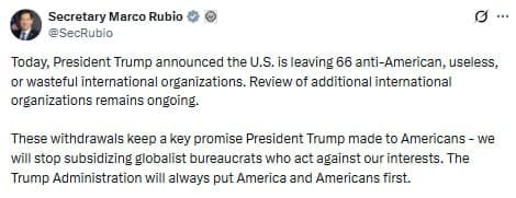 U.S. withdraws from 66 international organizations, including UN entities