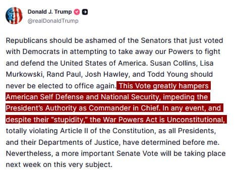 Trump calls Venezuela war powers resolution unconstitutional, hampers national security