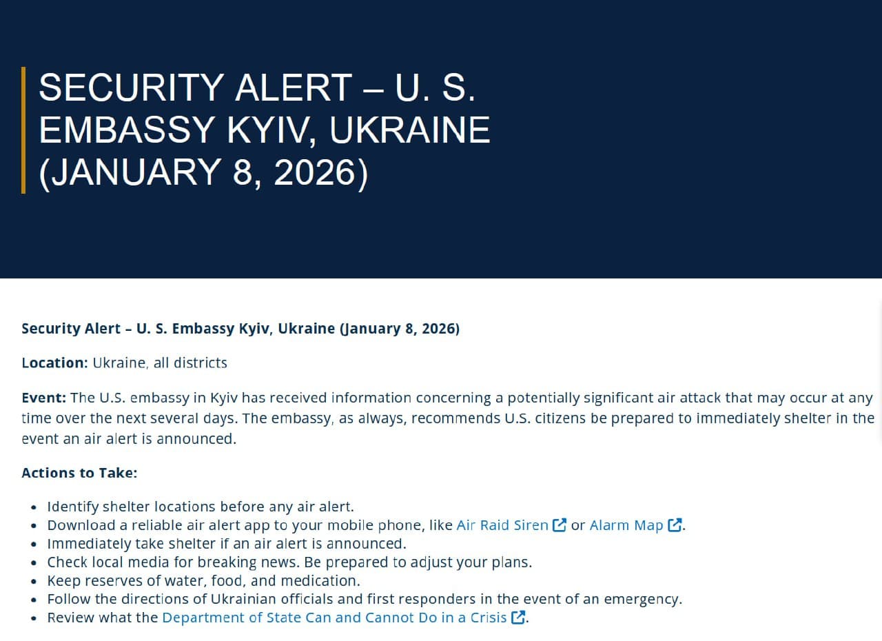 U.S. Embassy in Kyiv issues security alert for potential air attack
