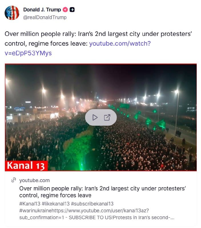 Trump shares video claiming over a million Iranians protest in Mashhad