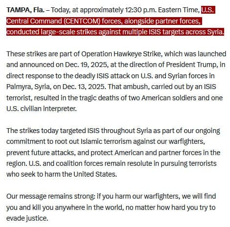 CENTCOM confirms strikes part of Operation Hawkeye Strike with partners