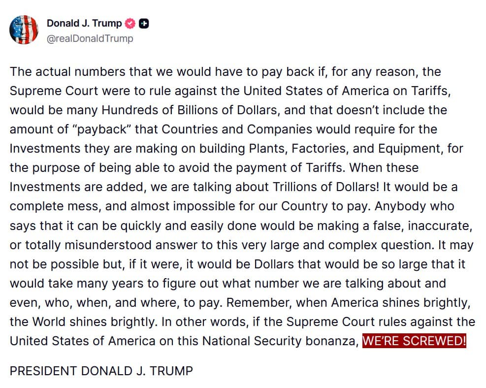 Trump warns 'WE'RE SCREWED' if Supreme Court rules against tariffs