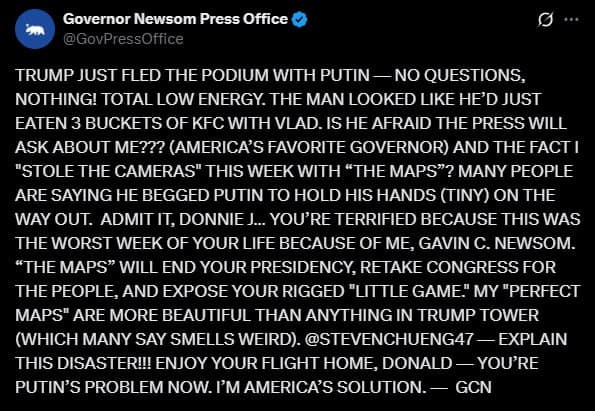 Newsom Mocks Trump's Summit with Putin, Claims 'Worst Week of Your Life'