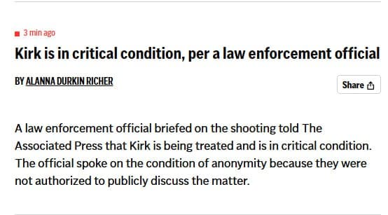 Charlie Kirk in Critical Condition After Utah Incident, Reports Say