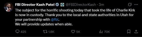 Charlie Kirk's Alleged Killer Captured by FBI in Utah Shooting