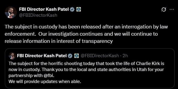 FBI Releases Suspect After Questioning in Charlie Kirk Murder Case