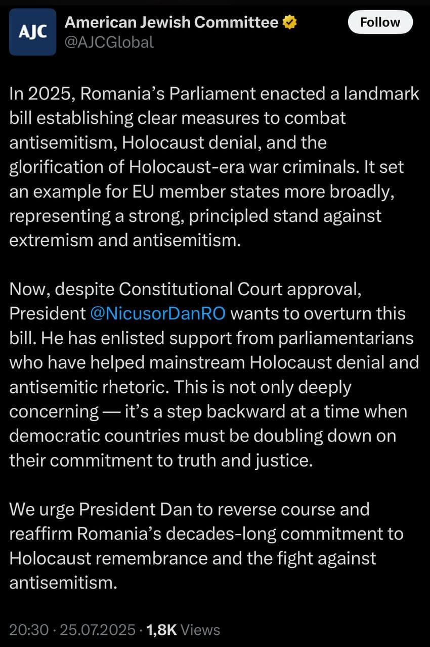 AJC Condemns Romania's President for Blocking Controversial Vexler Law, Fuels Antisemitism Concerns