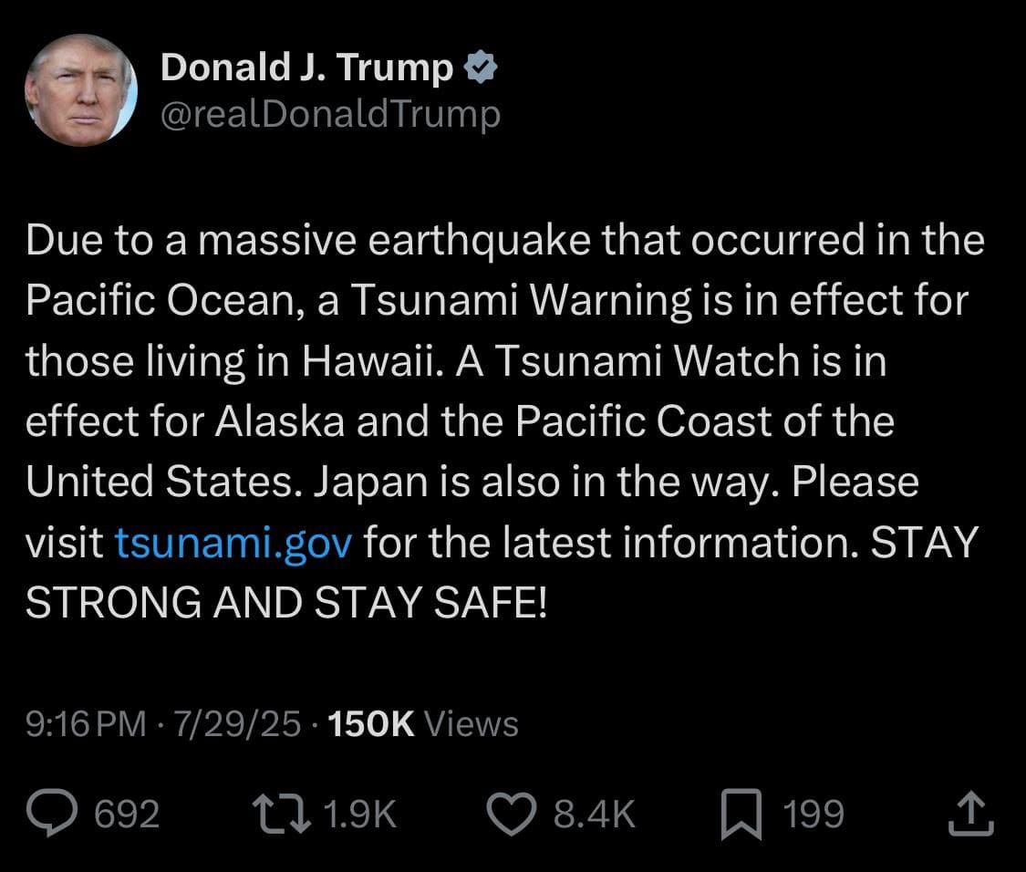 President Trump Urges West Coast, Alaska, and Hawaii Residents to Prepare for Imminent Tsunami Threat