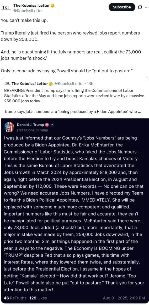 Trump Ousts Jobs Report Chief, Questions Validity of July's 73,000 Job Gain