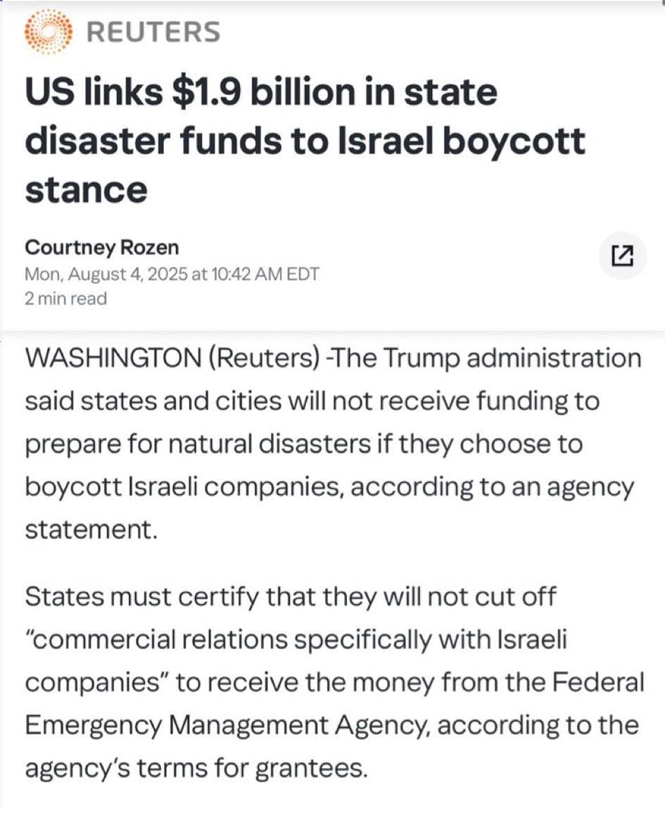 Trump Administration Ties FEMA Disaster Funds to Boycott of Israeli Companies