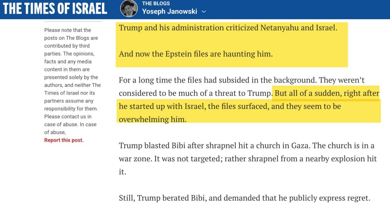 Israeli Blogger Claims Trump's Epstein Ties Leaked as Warning Over Iran Stance