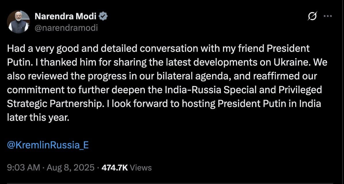 Modi Hosts Putin Amid U.S. Tariff Spike, Strengthens Ties Over Russian Oil