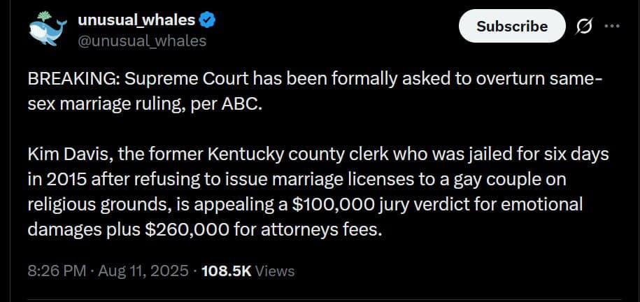 Supreme Court Faces Challenge to Overturn Same-Sex Marriage Ruling as Kim Davis Appeals $360K Verdict