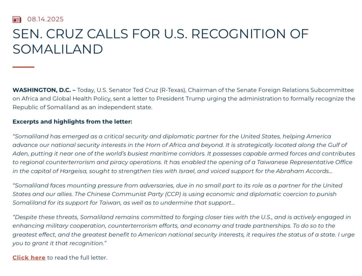 Sen. Cruz Pressures Trump to Recognize Somaliland as Key Ally Against Terrorism