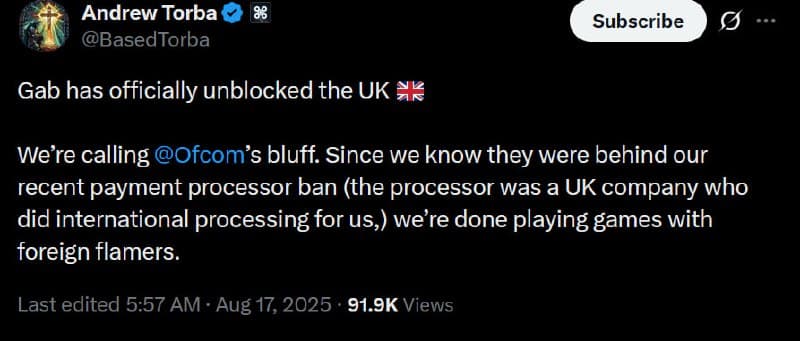 Gab.com Defies UK Censorship: Launches Own Payment System to Bypass OFCOM's Ban