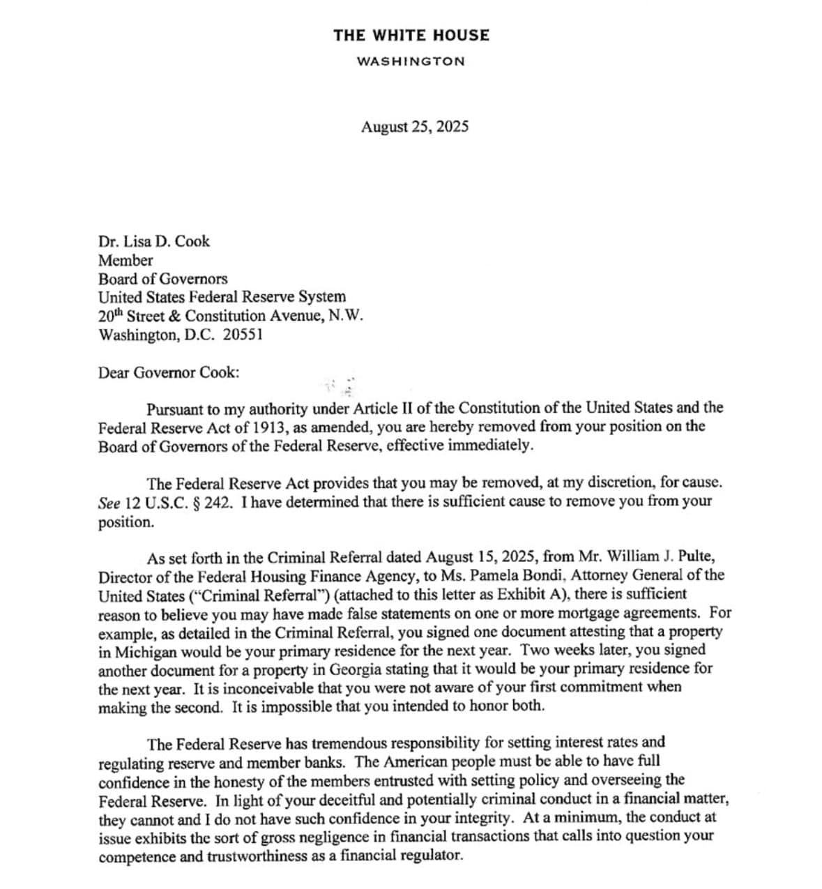 Trump Fires Fed Governor Cook; Legal Battle Looms Over Authority